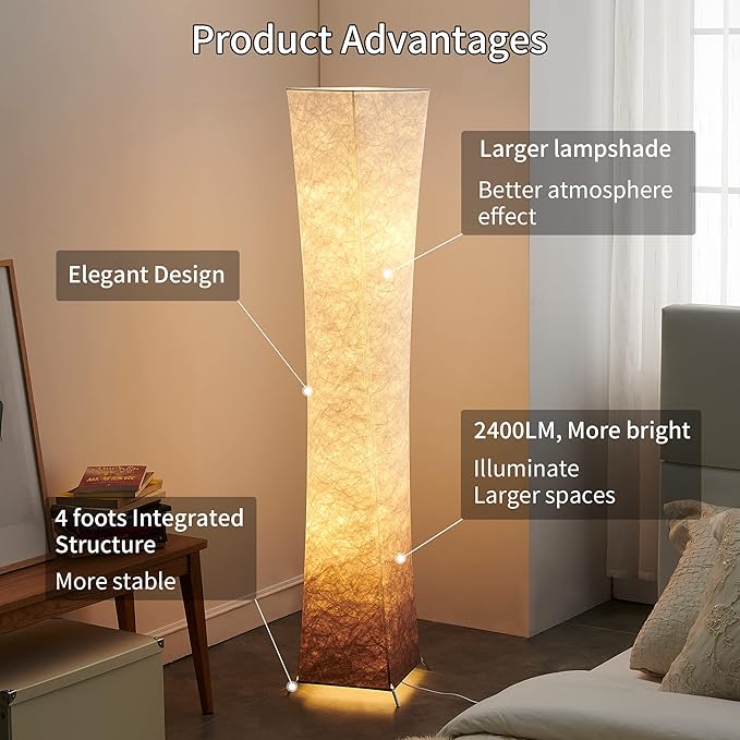 chiphy Lamp with Fabric Lampshade, Dimmable 61"(L) Tall Standing Lamp, 3 Levels Adjustable Brightness LED Bulbs, Column Floor Light, Brown Gradient Fabric Lampshade, Home Decor for Living Room