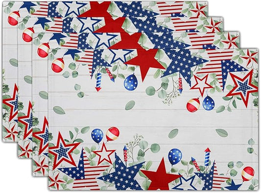 4th of July Placemats Set of 4 Patriotic America Flag Stars Rectangle Table Mats 12x18 Inch Country Rustic Holiday Kitchen Dining Home Outdoor Party Table Decoration
