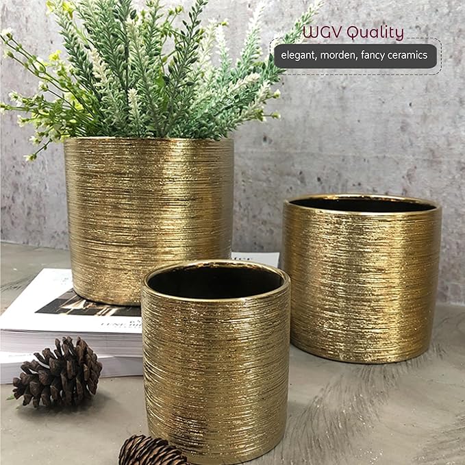 WGVI Gold Etched Ceramic Cylinder Vase Width 5.5" Height 5", Flower Arrangements, Candle Holder, Terrarium Planter Pot, Storage Container Organizer, Pen Brush Holder, Scratched Texture Design, 12 Pc
