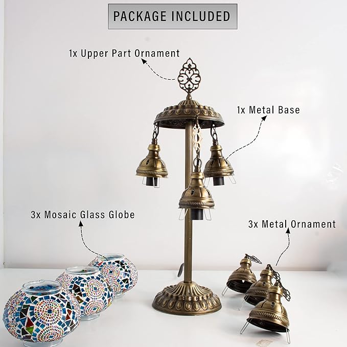 mozaist 3 Globe Turkish Mosaic Table Lamp, Stained Glass Tiffany Style Moroccan Desk Light, Handmade Vintage Antique Entryway Decorative Colorful Lighting with US Plug & E12 Socket (Multi-Colored)