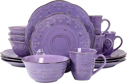 Elama Rustic Birch 16 Piece Stoneware Dinnerware Set in Purple, (EL-RUSTICBIRCH)