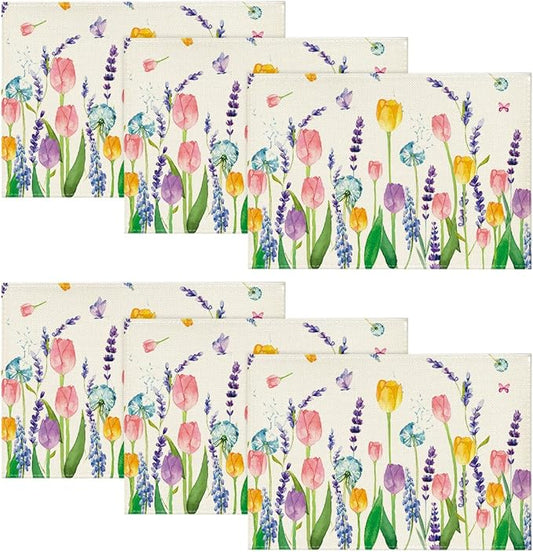 Artoid Mode Lavender Tulip Spring Placemats for Dining Table, 12 x 18 Inch Summer Seasonal Holiday Decoration Rustic Vintage Washable Table Mats Set of 6