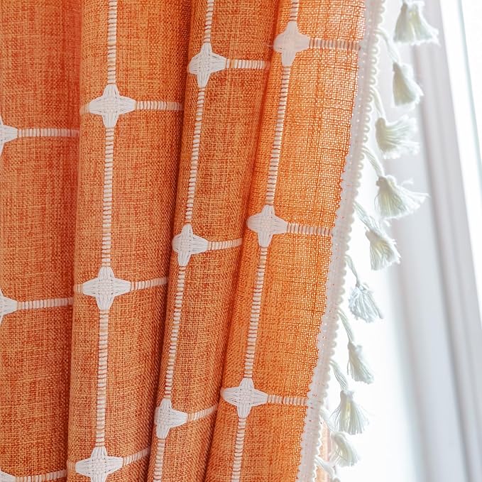 Sutuo Home Boho Curtains Plaids for Bedroom, Semi Blackout Linen Farmhouse Tassels Window Treatment Bohemian Embroidery Drape for Fall Halloween Decor, Rod Pocket 1 Panel 52" W x 84" L, Burnt Orange