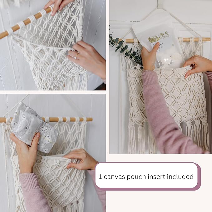 Sasa Macrame Over Door Organizer - 3-Tier Hanging Organizer with Canvas Pouch & Door Hook, Nursery Decor, Kid's Room, Playroom, Dorm, Storage for Stuffed Animals, Plushies, Blankets, Baby Essentials
