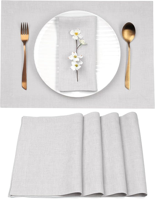 D'Moksha Homes Linen Placemats 14 x 19 Inch - Silver Grey Placemats Set of 4-100% Pure Linen Table Place Mats for Summer - Handcrafted and Machine Washable