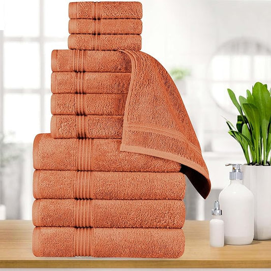 Superior Egyptian Cotton 12-Piece Towel Set, Assorted Towels for Home Bathroom, Master Bath, Decor Essentials, Includes 4 Bath, 4 Hand, 4 Face Towels/Washcloths, Quick Dry, Absorbent, Caramel Brown