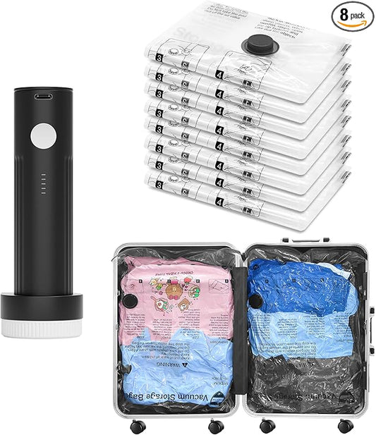 SUOCO Travel Vacuum Bags for Luggage with Portable Electric Pump, 8 Small Packing Seal Bags for Clothing Suitcase Backpack, Space Saver Compression Clothes Storage Bag