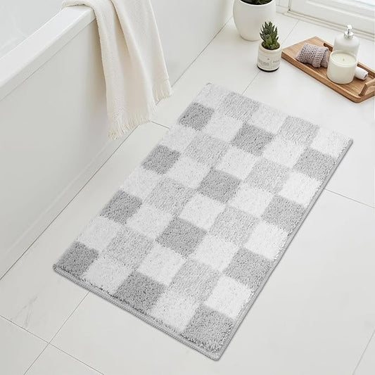 GRANNY SAYS Checkered Grey Bathroom Rugs, 32" x 20", Non-Slip Bath Mats for Bathroom, Plush Shag Absorbent Microfiber Ultra Soft Bath Mat, Cute Washable Rug for Tub, Shower, Bedroom