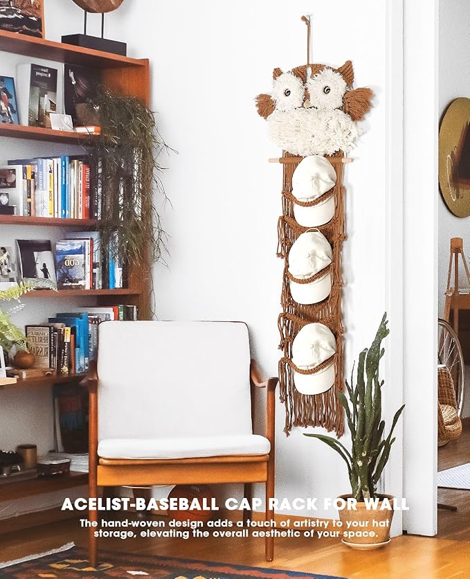 AceList Large Owl Decor - Handcrafted Macrame Hat Hangers for Wall and Door - Stylish Hat Organizer for Baseball Caps, Macrame Wall Hanging for Bedroom, Living Room, Kitchen Decor
