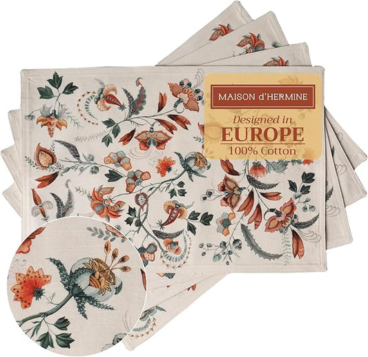 Maison d' Hermine Placemats Set of 4 100% Cotton Washable Cloth Place Mats, Reusable Table Mats for Kitchen Dining Decoration, Party, Wedding, Restaurant (Dalida, 13" x 19")