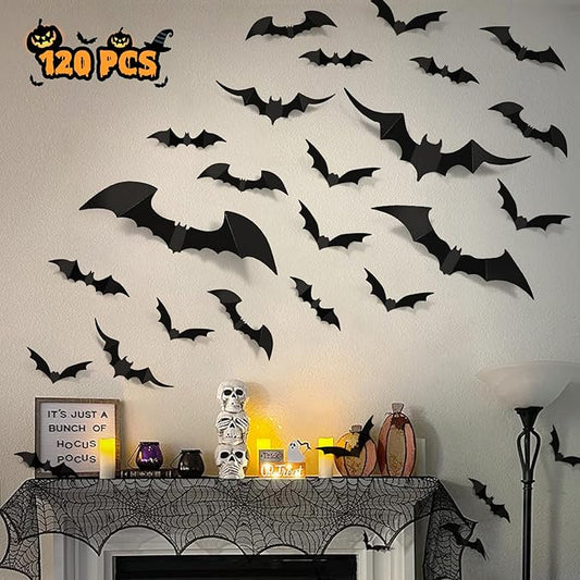 Bats Halloween Decorations: Halloween Bats Wall Decor 120pcs Bat Wall Decals PVC 3D Bat Scary Stickers Halloweens Party Decorations Indoor Outdoor DIY Home Window Door Decor