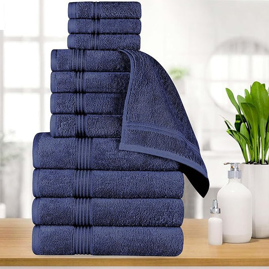 Superior Egyptian Cotton 12-Piece Towel Set, Assorted Towels for Home Bathroom, Master, Guest Bath, Decor Essentials, 4 Bath, 4 Hand, 4 Face Towels/Washcloths, Quick Dry, Absorbent, Navy Blue