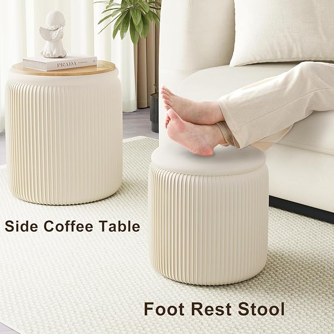 Round Ottoman with Storage Set of 2, White Vanity Stool, Upholstered Velvet Storage Ottomans, Makeup Chair Seat for Bedroom, Small Pouf Footstool for Living Room