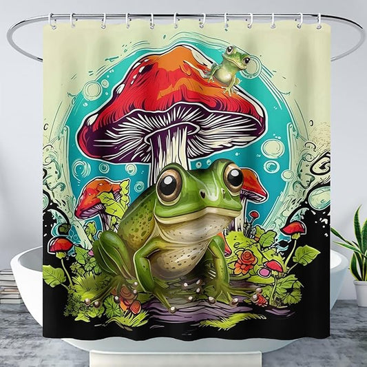 AILONEN Frog Mushroom Shower Curtain,Green Frog Waterproof Fabric Bath Curtain for Kids Girls Boys,Cartoon Animal Wildlife Red Mushroom Shower Curtain Set for Bathroom with Hooks,72" W*84" H