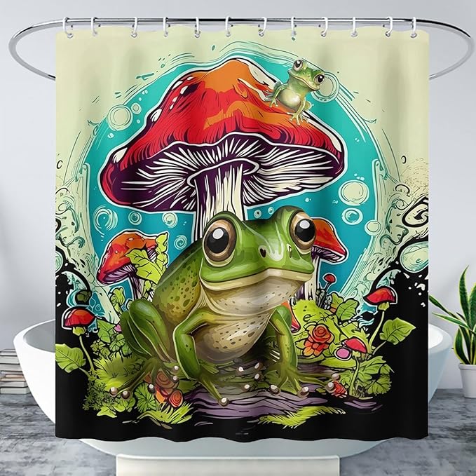 AILONEN Frog Mushroom Shower Curtain,Green Frog Waterproof Fabric Bath Curtain for Kids Girls Boys,Cartoon Animal Wildlife Red Mushroom Shower Curtain Set for Bathroom with Hooks,72" W*96" H