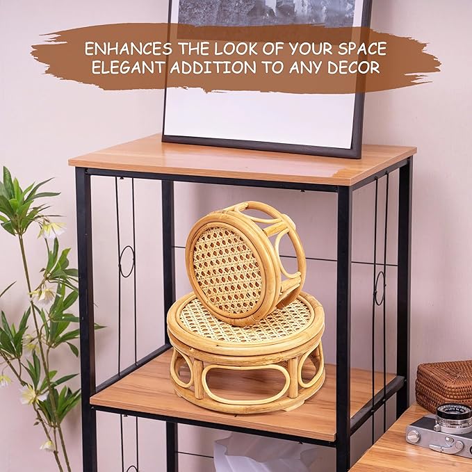 Set of 2 Large Rattan Wicker Round Risers Decorative Indoor Plant Stand, Mid Century Minimalist Modern Plant Stands, Boho Short Plant Stand Holder Suitable Fits 8'' and 12'' Pots