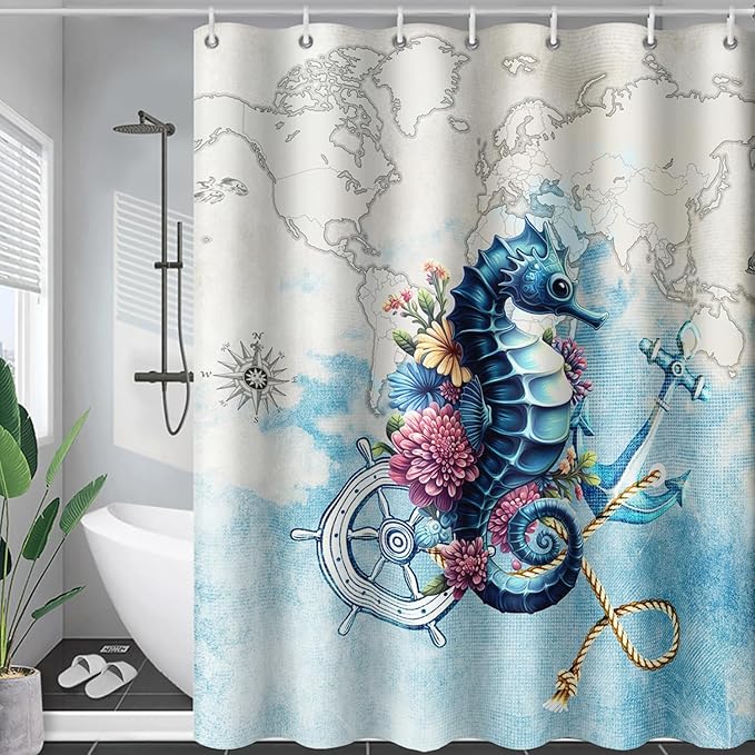 AILONEN Seahorse Shower Curtain for Bathroom,Nautical Coast Retro Map Ocean Bath Curtain 36" W*72" H,Blue Sea Animal Print Decorative Waterproof Curtain with 12 Plastic Hooks