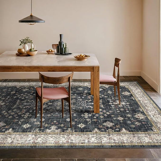 Boho Dining Room Rugs for Under Table - 7x9 Washable Black Area Rug for Living Room, Low Pile Non-Slip Rugs for Bedroom Under Bed - Charming Farmhouse Decor & Stain Resistance - Black/Multi