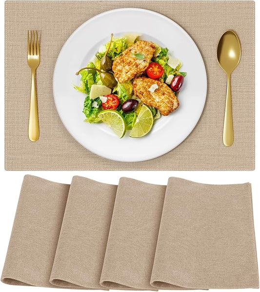Cloth Placemats, Set of 4 Heat-Resistant Cotton Linen Blend Double Layered Machine Washable Place Mats, Wrinkle Free Thick Fabric Dining Table Mats for Indoors & Outdoors (Light Linen, 4)