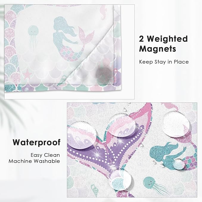 Pink Mermaid Tail Glitter No Hook Shower Curtain with Snap in Liner, Coral Starfish Turtle Bath Curtain with Double Layers Waterproof Fabric and Mesh Top Window 71x74 Inch