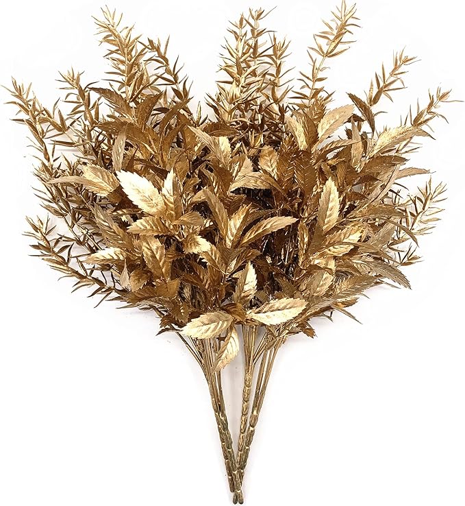 CATTREE Artificial Gold Plants for Christmas, Golden Leaves Plant Plastic Faux Shrubs Fake Simulation Spiky Grass Bushes for Indoor Outdoor Wedding Decoration Hall Table Planter Filler 4 Pack
