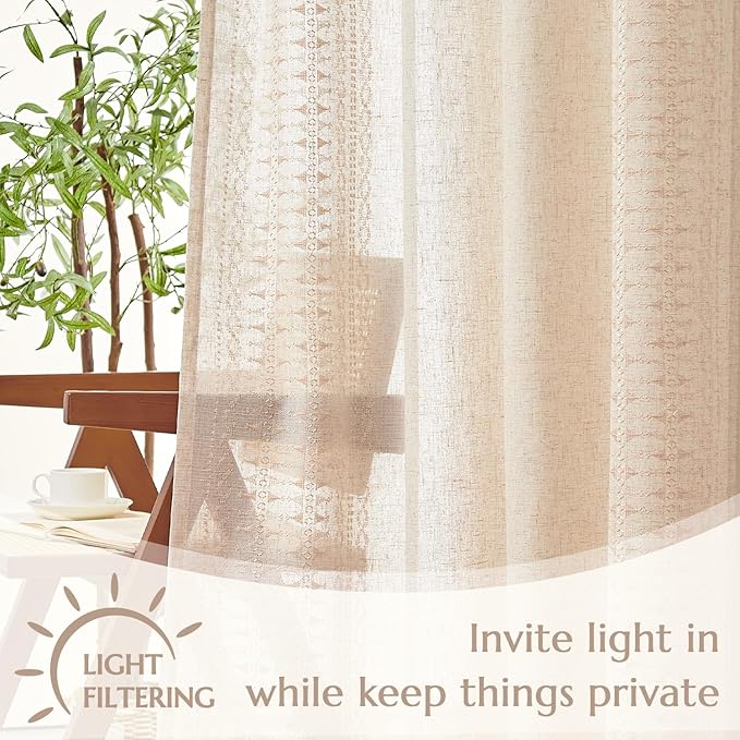 jinchan Boho Curtains for Bedroom Beige Linen Blend Curtains Farmhouse Embroidered Bordered Living Room Drapes 90 Inch Length Bohemian Light Filtering Grommet 2 Panels Ivory on Beige