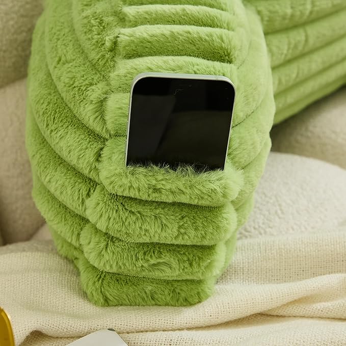 WERDIM Reading Pillow for Sitting in Bed, Faux Fur Back Pillow for Bed Rest, Bed Chair Pillow with Arms and Pockets(Large, Apple Green)