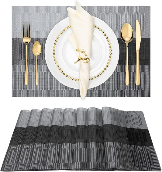 Winknowl Placemats, Set of 8 Heat Resistant Stain Resistant Non-Slip Woven Vinyl Insulation Placemats, Washable Durable Elegant Table Mats for Dining (Black)