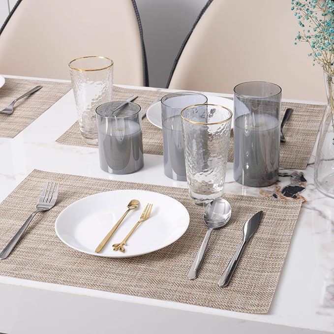 Winknowl Placemats Set of 8 Woven Vinyl Insulation Indoor Place mats for Dining Table, Washable Durable PVC Table Mats (Caramel)