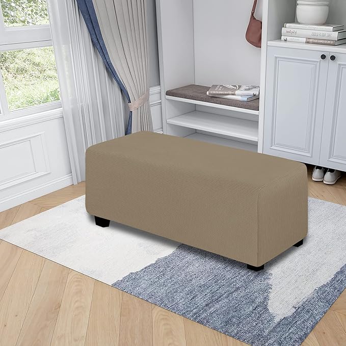 Easy-Going Stretch Ottoman Cover Folding Storage Stool Furniture Protector Soft Rectangle slipcover with Elastic Bottom(Ottoman X-Large,Natural)