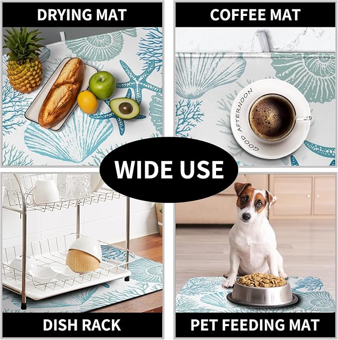 Summer Blue Dish Drying Mat for Kitchen Counter Nautical Coastal Teal Dishes Drainer Mats Beach Coral Seashell Starfish Ocean Absorbent Microfiber Dish Draining Pad 16x18 Inch