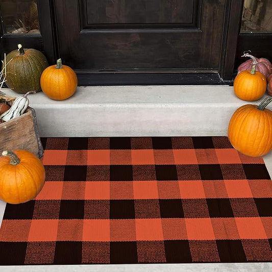 Buffalo Plaid Rug 28 x 43 Inches Fall Outdoor Front Door Decor Mat, Cotton Washable Hand-Woven Rug for Layered Doormat, Autumn Halloween Thanksgiving Carpet for Porch (Orange and Black Plaid)