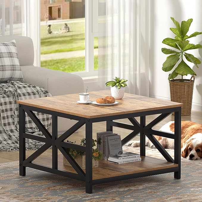 GreenForest Coffee Table with Storage for Living Room, Small Square Center Tables with Seamless One-Piece Tabletop Farmhouse Style, Walnut