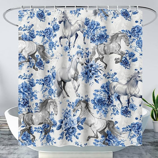 AILONEN Blue Floral Horse Shower Curtain,Farm Animal Printed Galloping Horse Bath Curtain,Minimalist Flower Girls Women Bathroom Curtain Decor, 60" W x 72" H