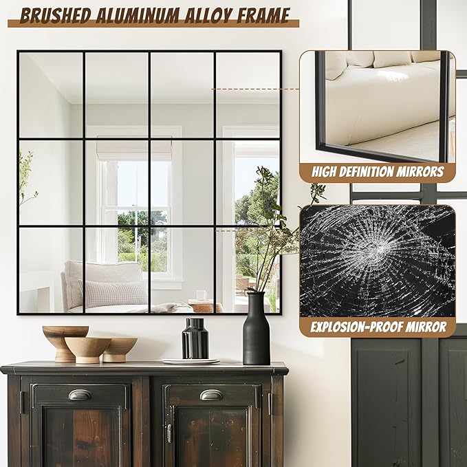 Antok Decorative Mirrors for Wall Decor, 36" x 36" Decorative Wall Mirror Black Window Mirrors Wall Mounted Decorative Mirror for Living Room Dining Room Hallway Entryway，Black,Retro Rect Style