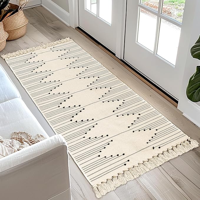 Tritard Boho Runner Rug 2x6 - Washable Area Rug for Hallway, Lightweight Farmhouse Aztec Cotton Rugs with Tassels Kitchen Bathroom Woven Low Pile Thin Carpet for Entryway, Bedroom, Beige Cream