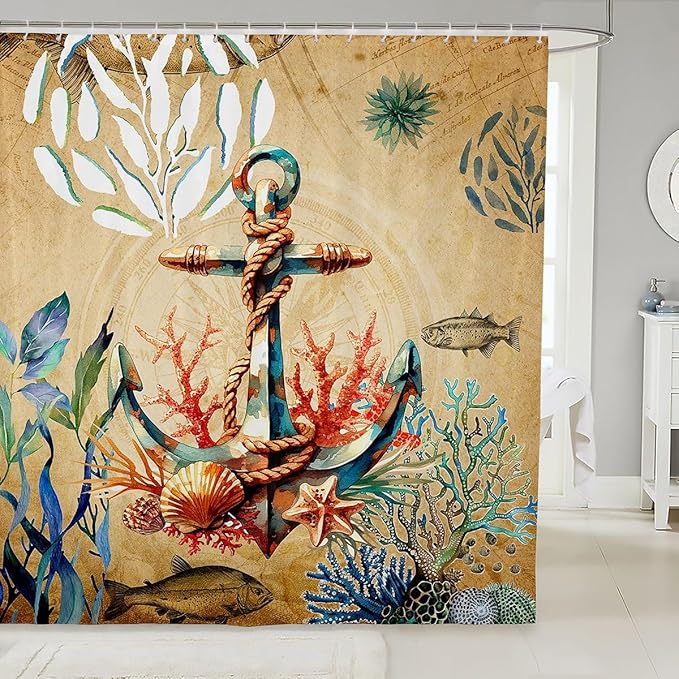 Feelyou Anchor Nautical Shower Curtain Shells and Corals Fabric Shower Curtain for Kids Boys Girls Adventure Themed Bathroom Waterproof Accessories with 12 Hooks Brown Curtains,72X84 Inches