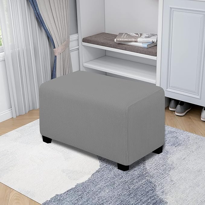 Easy-Going Stretch Ottoman Cover Folding Storage Stool Furniture Protector Soft Rectangle slipcover with Elastic Bottom(Ottoman Small,Light Grey)