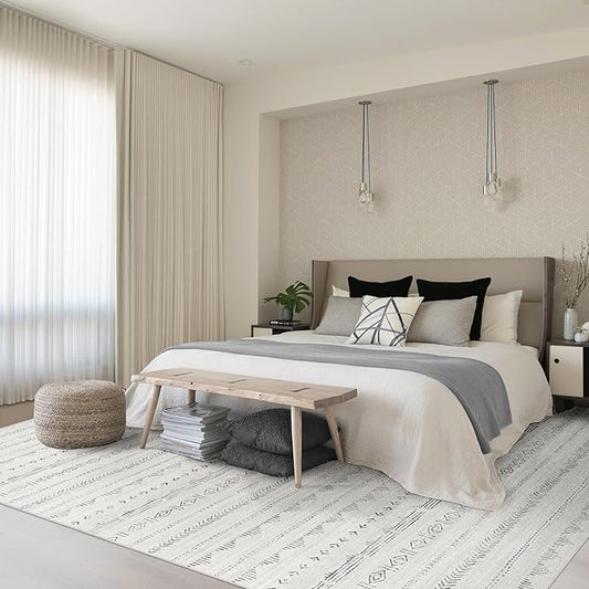 Deerly Large 8x10 Area Rugs for Living Room, Moroccan Rug 8x10 Boho Farmhouse Washable Rug with Non-Slip Backing, Neutral Morden Indoor Carpet for Bedroom Dining Room, Light Grey