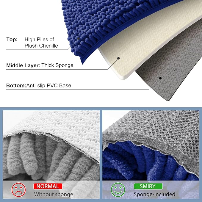 Smiry Luxury Chenille Bathroom Rugs 24x16, Extra Soft and Absorbent Shaggy Bath Mat, Machine Washable, Non-Slip Plush Carpet Runner for Tub, Shower, and Floor, Home Decor Accessories, Royal Blue
