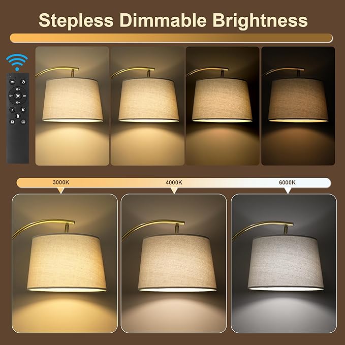 62.5" Gold Floor Lamp for Living Room Dimmable Standing Lamp with Remote & Foot Switch, 3 Color Temperatures Arc Tall Lamp Wood Mid Century Modern Floor Lamps for Bedroom Office, 9W Bulb Included