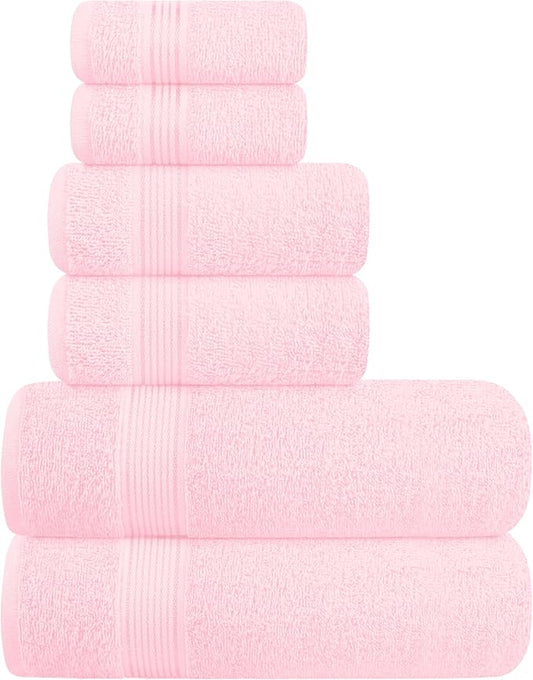 Belizzi Home Ultra Soft 6 Pack Cotton Towel Set, Contains 2 Bath Towels 28x55 inch, 2 Hand Towels 16x24 inch & 2 Wash Coths 12x12 inch, Ideal Everyday use, Compact & Lightweight - Pink