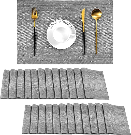 Leetaltree Grey Placemats, Heat Resistant Non-Slip Place mats for Dining Table, Washable Durable PVC Vinyl Woven Table Mats (Set of 24)