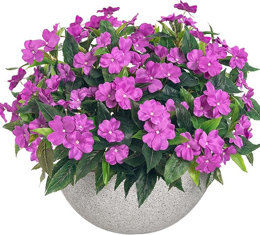 15.7”Spring Decorations for Home Flowers Fake Plants Fake Flowers Artificial Impatiens Bouquet Flowers for Outdoors Silk Faux Flowers Impatiens Plants Decor Indoor Planters 8PCS (Purple)