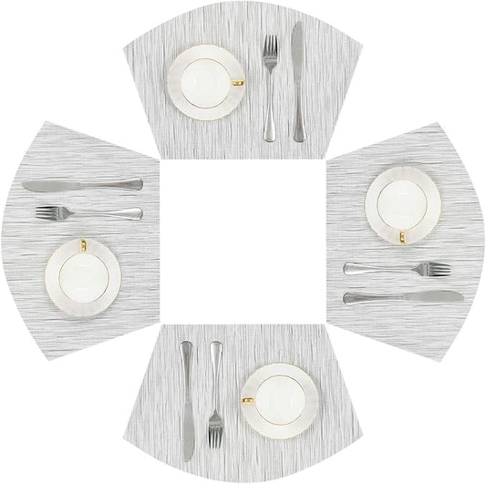 SHACOS Small Round Table Placemats Wedge Placemat Set of 4 Non Slip Heat Resistant Woven Vinyl Table Mats Wipe Clean Indoor Outdoor (4, Gray White)