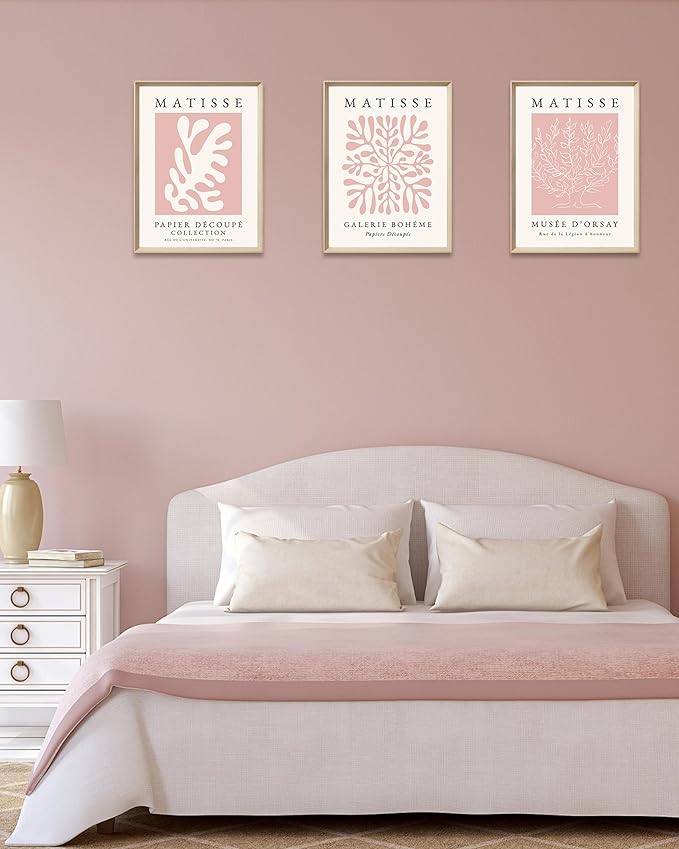 Framed Matisse Pink Canvas Wall Art,Abstract Matisse Canvas Wall Decor,16x12IN High Framed Wood Design Print,Minimalist Classic Decor Aesthetic for Living Room,Bedroom,Bathroom Set of 3