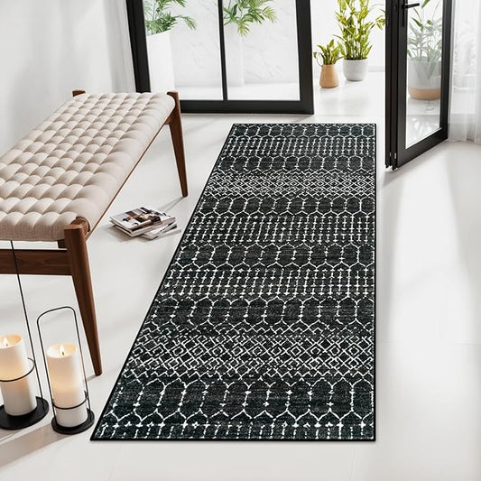 Lahome Moroccan Black Area Rug - Non-Slip Low-Pile Washable Entryway Rug Kitchen Bath Mat 2'x4' Geometric Print Carpet for Hallway Bedroom