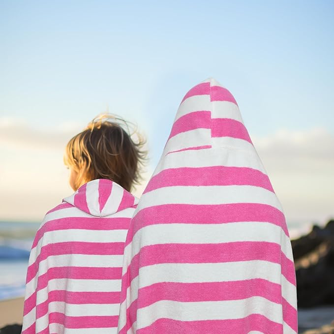 Hooded Bath Towel Wrap - 100% Cotton Terry Large Oversized Hooded Kids Towel - Toddler Shower Pool Beach Towel - Soft Plush Absorbent Quick Dry Easy Care Gift -30x60- Cabana Stripe Pink