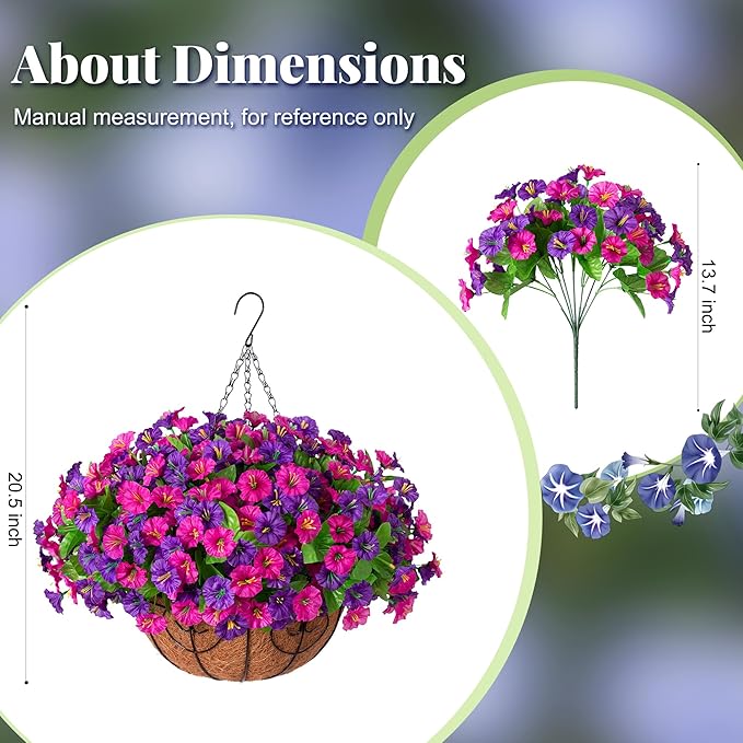 Artificial Fake Hanging Flowers with Basket, Faux Silk Morning Glory Flower Arrangement for Spring Summer Decor, Hanging Plant for Patio Garden Porch Outdoor Decor