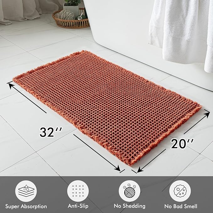 MIULEE Fall Orange Set of 2 Waffle Bathroom Rugs, Boho Bath Rugs Non Slip Washable, Super Absorbent Bath Mats, Ultra Soft Rubber Backed Shower Mats for Bathroom Floor, Tub and Shower, 20x32 Inch